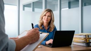office, meeting, woman, laptop, man, writing, attention, clipboard, business, desk, document, office space, conversation, professional, teamwork, administrative, meeting management, collaboration, deposit