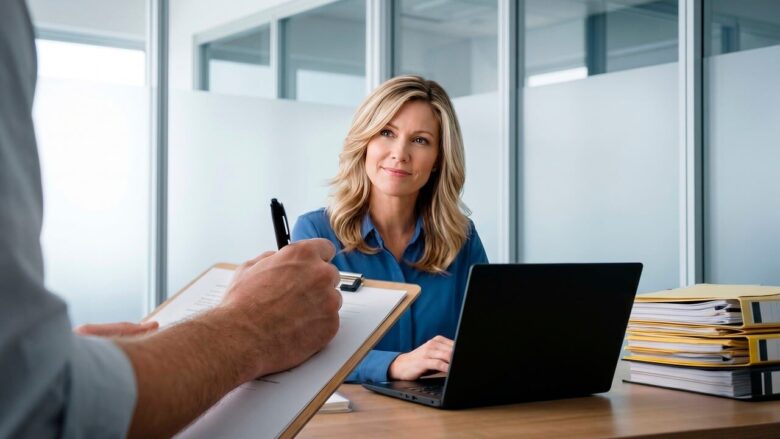 office, meeting, woman, laptop, man, writing, attention, clipboard, business, desk, document, office space, conversation, professional, teamwork, administrative, meeting management, collaboration, deposit